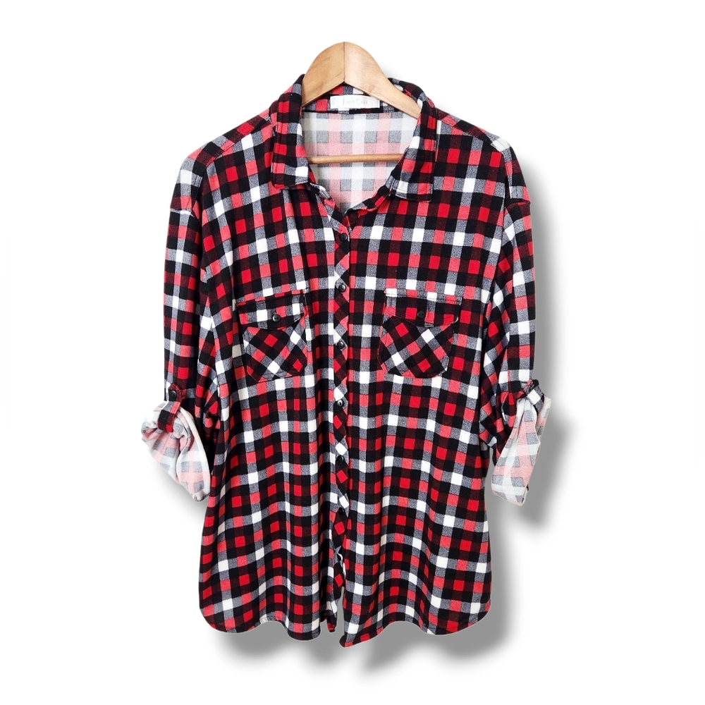 Eden & Olivia Plaid Flannel Button Down Shirt With Roll Tab 3/4 Sleeves | 2X